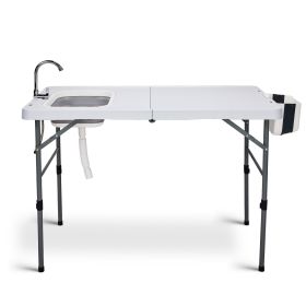 50" Folding Fish Cleaning Table with Sink, Bi-Folding Portable Camping Sink Station with Drain Hose, Trash Can, Foldable Outdoor Sink for Camping