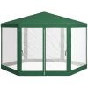 13' x 11' Outdoor Party Tent, Hexagon Sun Shade Shelter Canopy w/ Protective Mesh Sidewalls, Ropes & Stakes, Green
