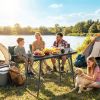 Adjustable Height Folding Picnic Table with Removable Plates, Aluminum Camping Table, Black