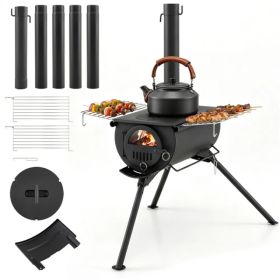 Portable Foldable Wood Burning Tent Stove With 5 Sections Chimney, Heavy Duty Carbon Steel Camping Stove With View Window & Cooking Racks For Out (Option: Defaulttitle)
