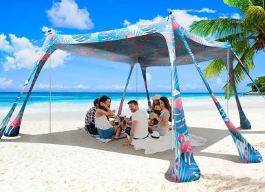 Beach Tent Sun Shelter 10x10ft Beach Canopy Easy Pop Up Sun Shade Portable UPF50+ with 8 Sandbags-2 Sand Shovel-4 Aluminum Poles-Ground Pegs for Outdo (Color: Flamingos  10x10 FT 4 Pole)